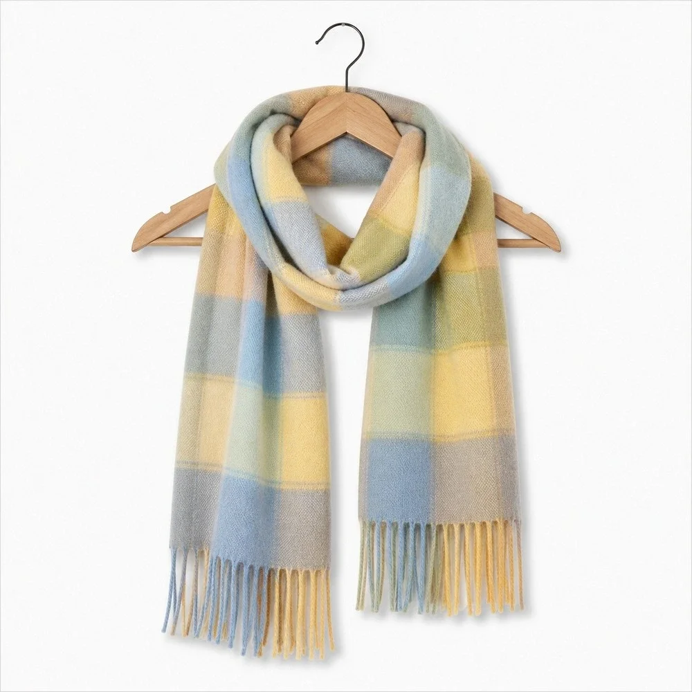 Vintage English Cashmere Scarf Plaid Pastel Blue Yellow Preppy Quiet Luxury